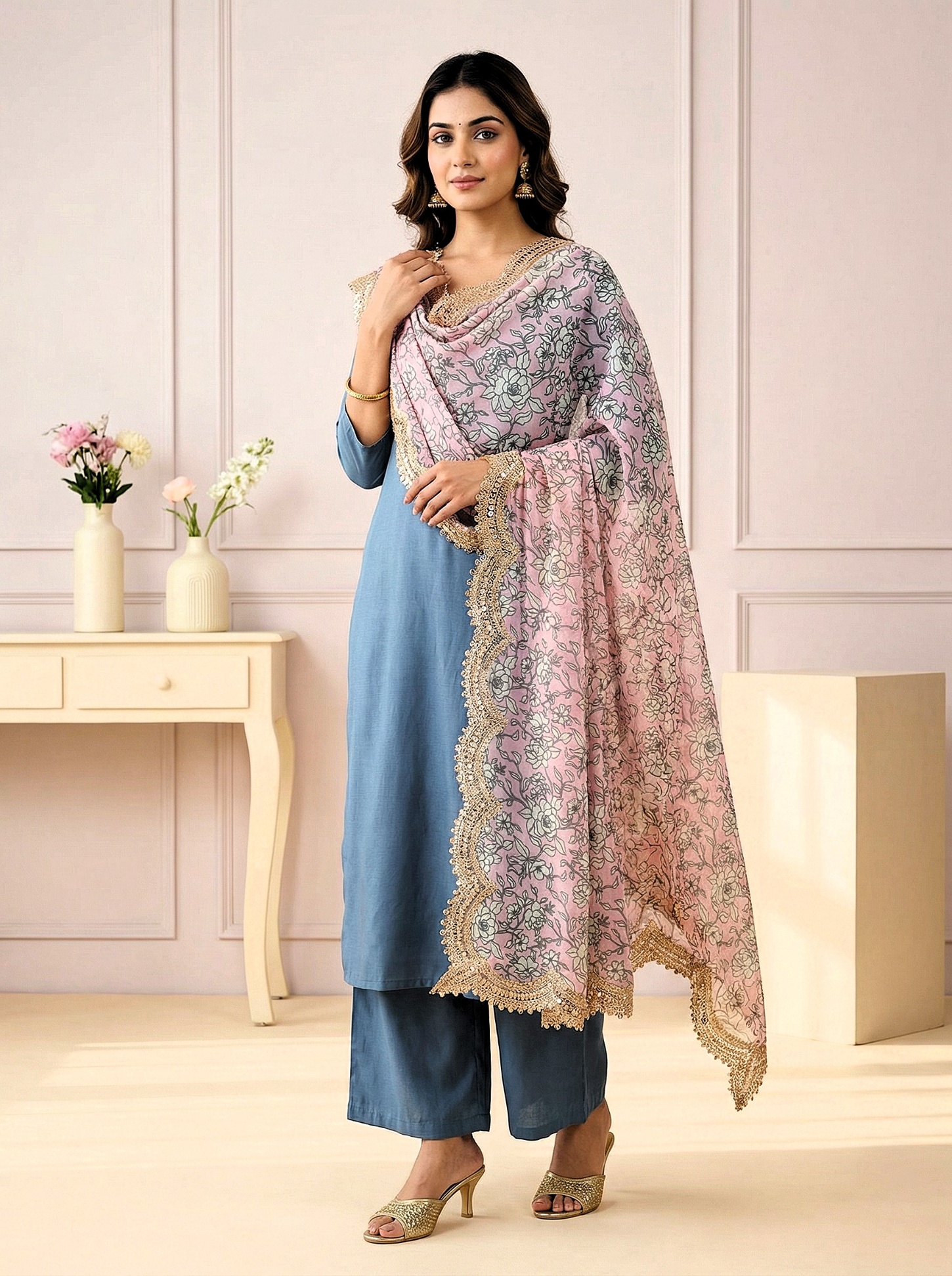Pink Floral Digital Print Jimmy Choo Dupatta — alternate view