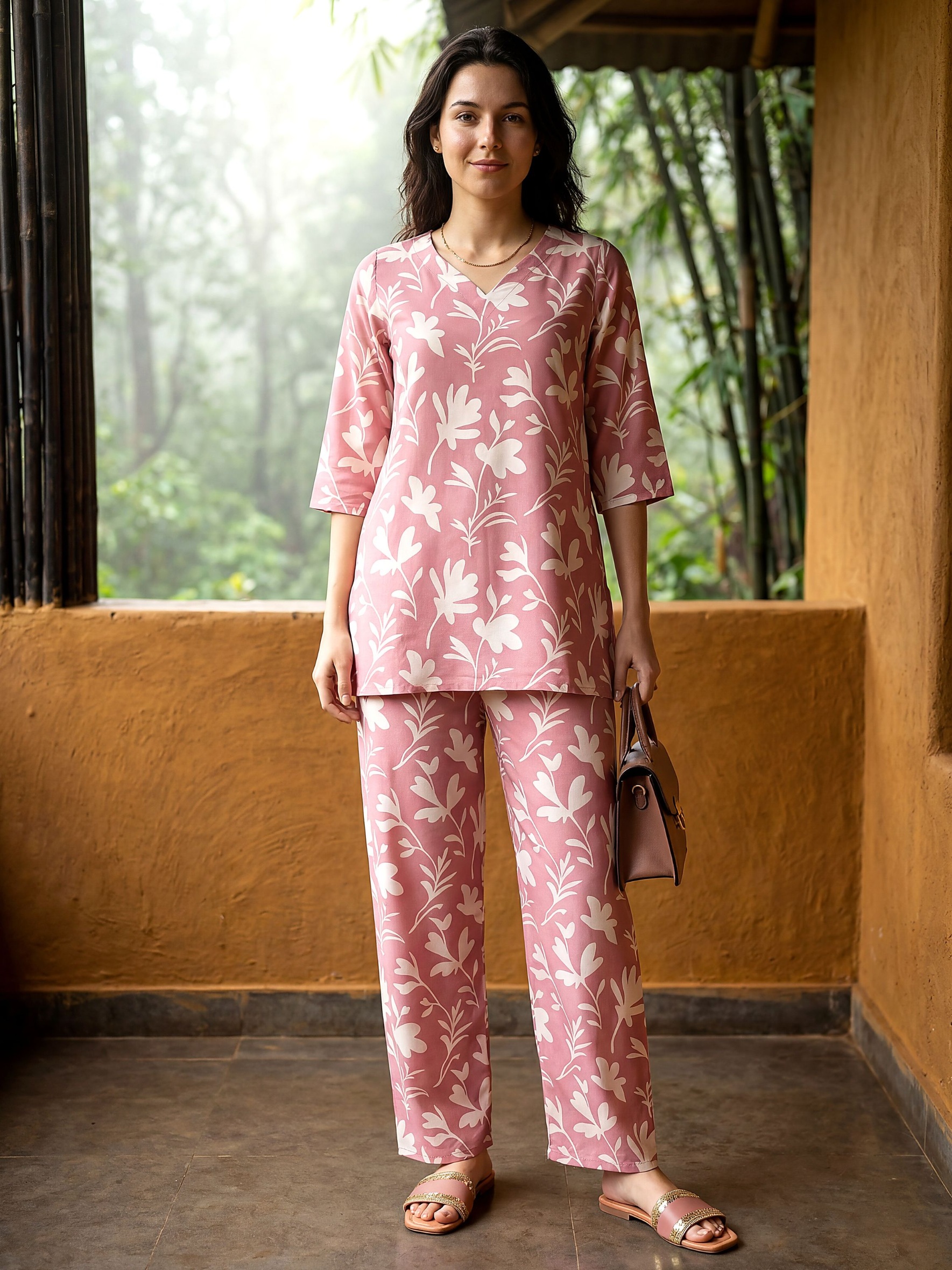 Pink Floral Digital Print Rayon Blend Co-Ord Set