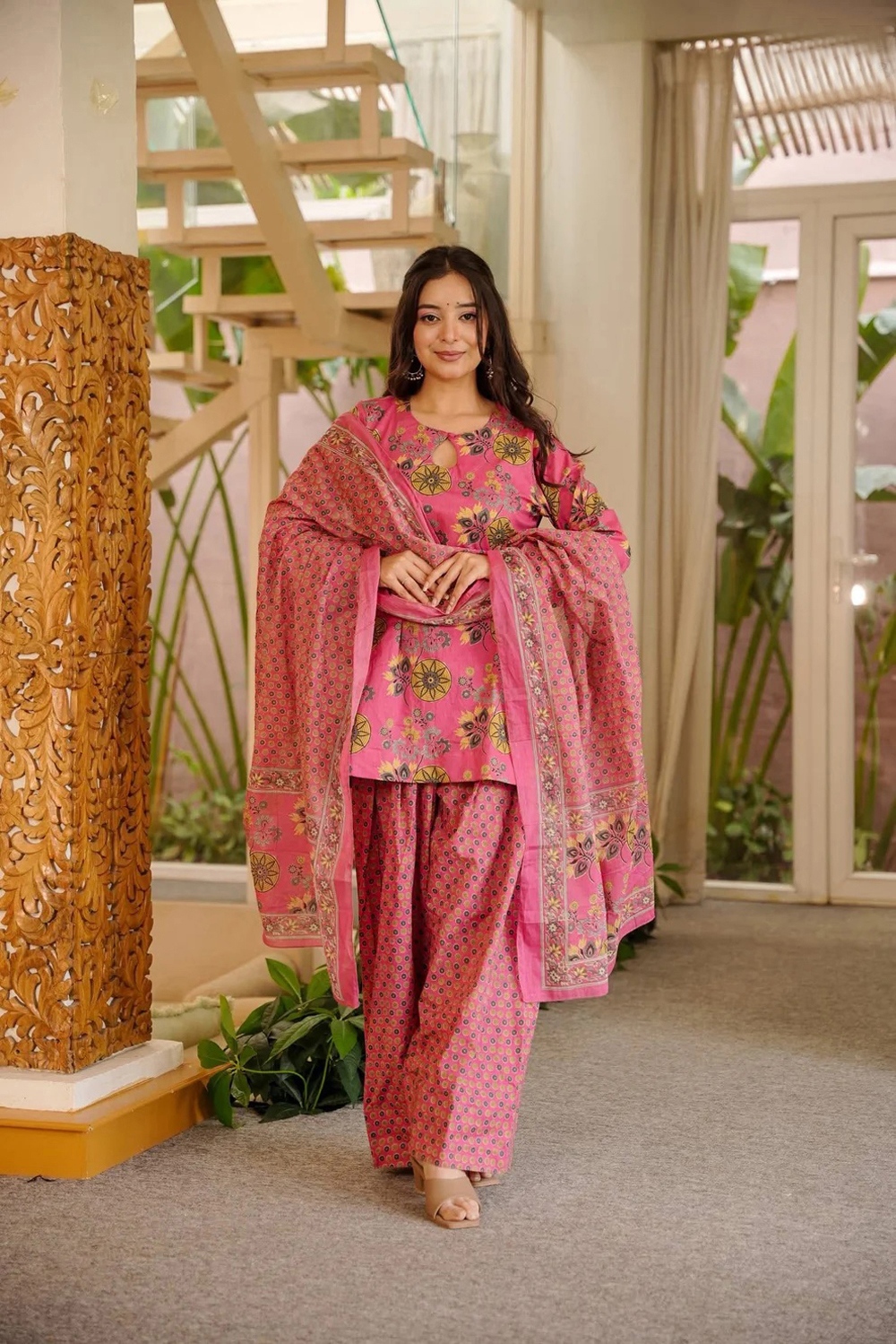 Pink Floral Digital Printed Cotton Silk Kurta Set