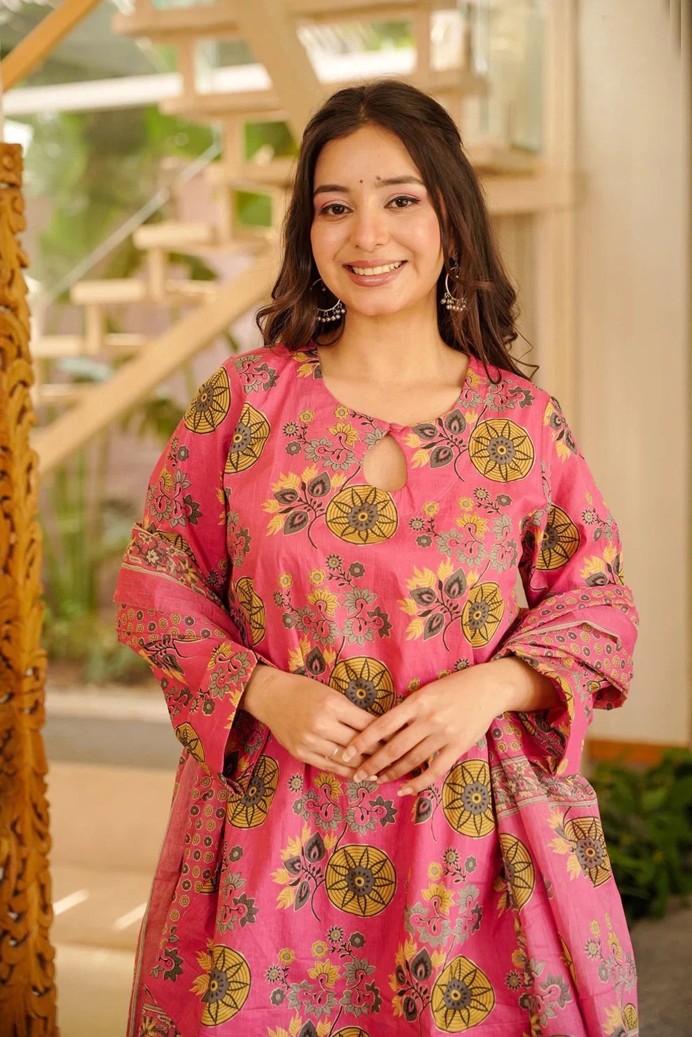 Pink Floral Digital Printed Cotton Silk Kurta Set