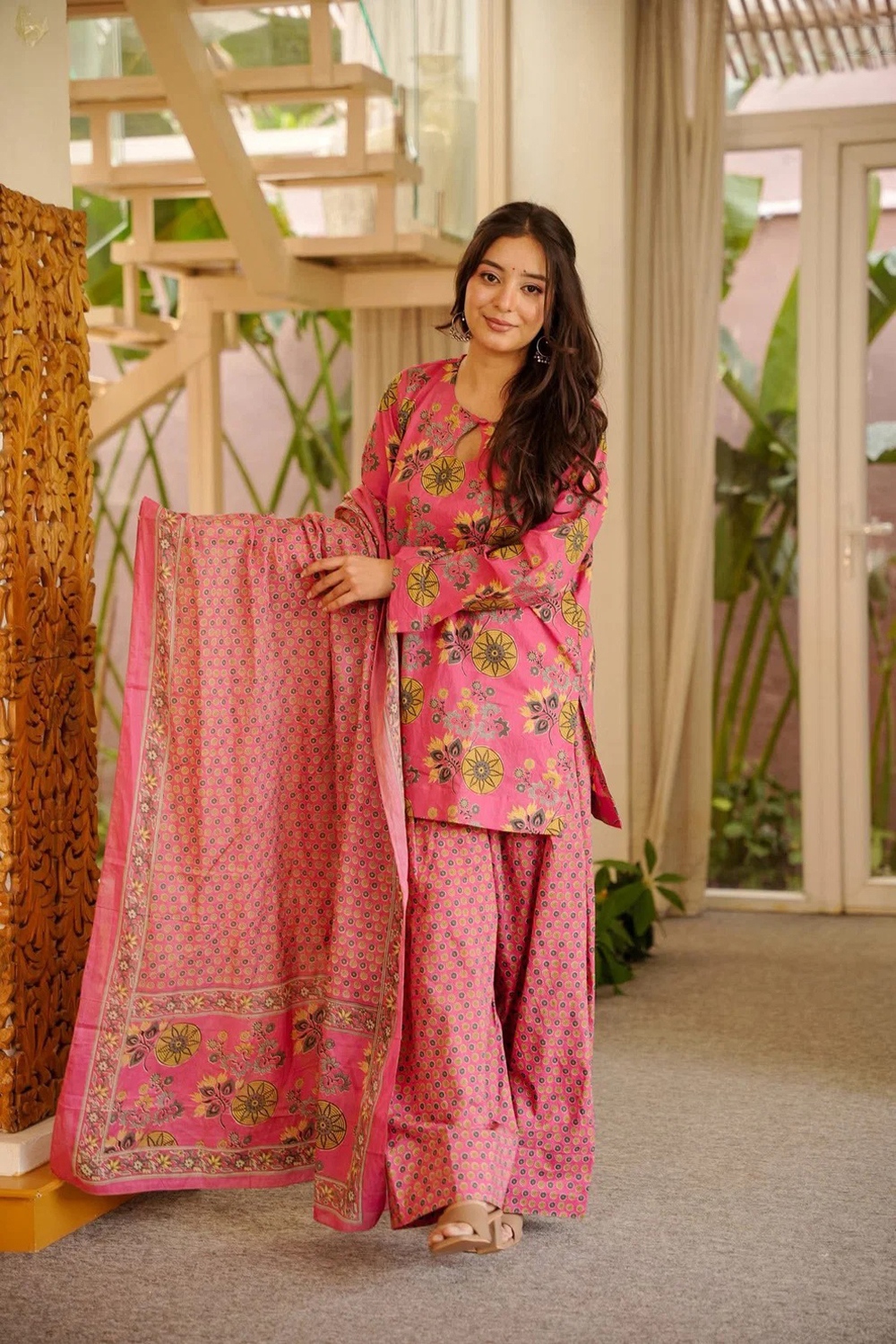 Pink Floral Digital Printed Cotton Silk Kurta Set