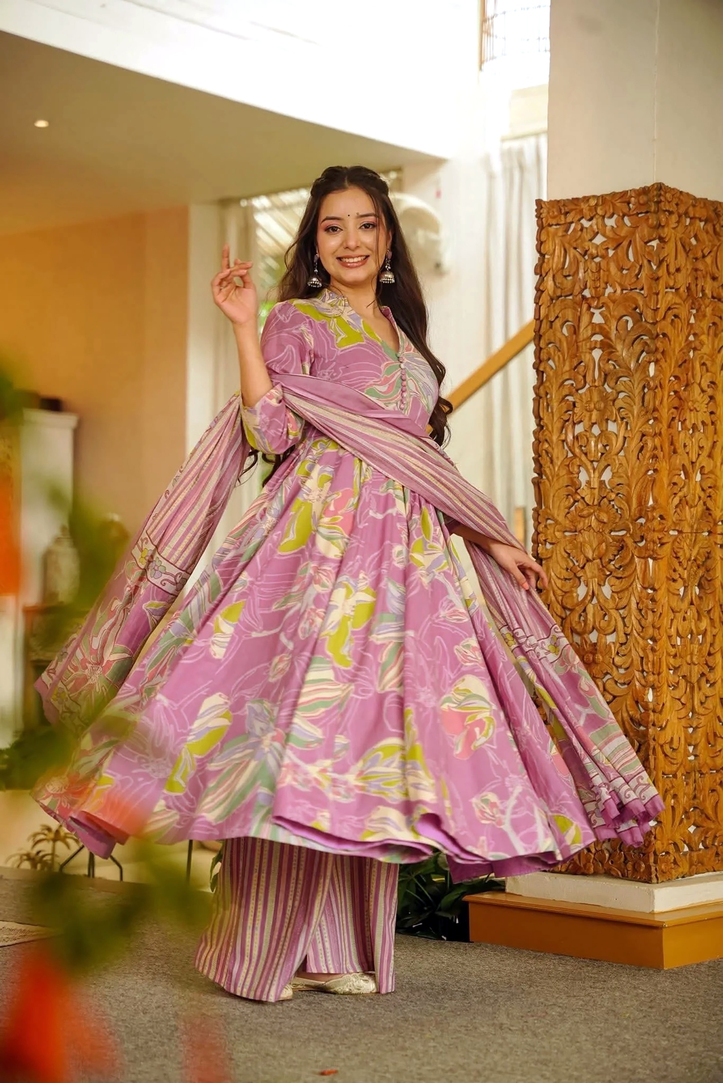 Pink Floral Digital Printed Muslin Palazzo Suit