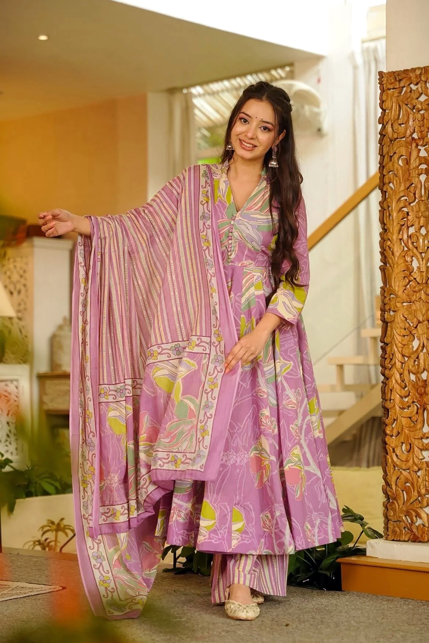 Pink Floral Digital Printed Muslin Palazzo Suit