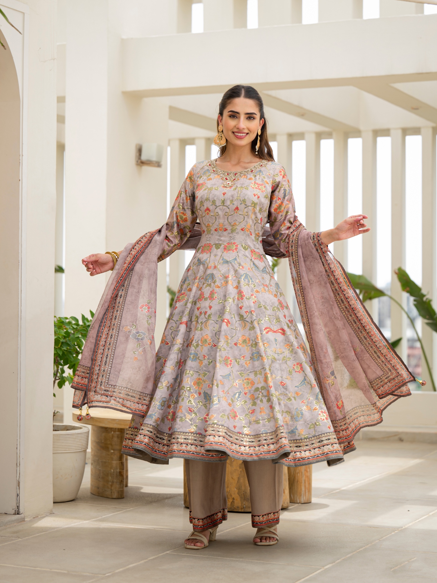 Pink Floral Digital Silk Satin Anarkali Suit