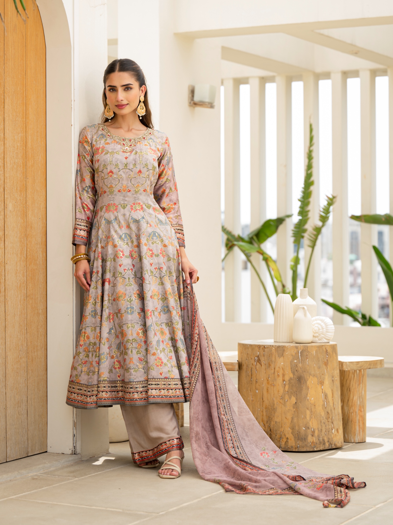 Pink Floral Digital Silk Satin Anarkali Suit — alternate view