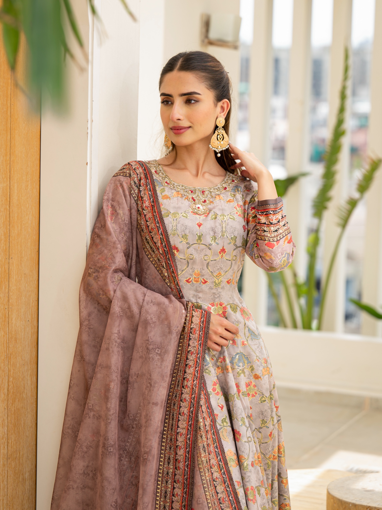 Pink Floral Digital Silk Satin Anarkali Suit