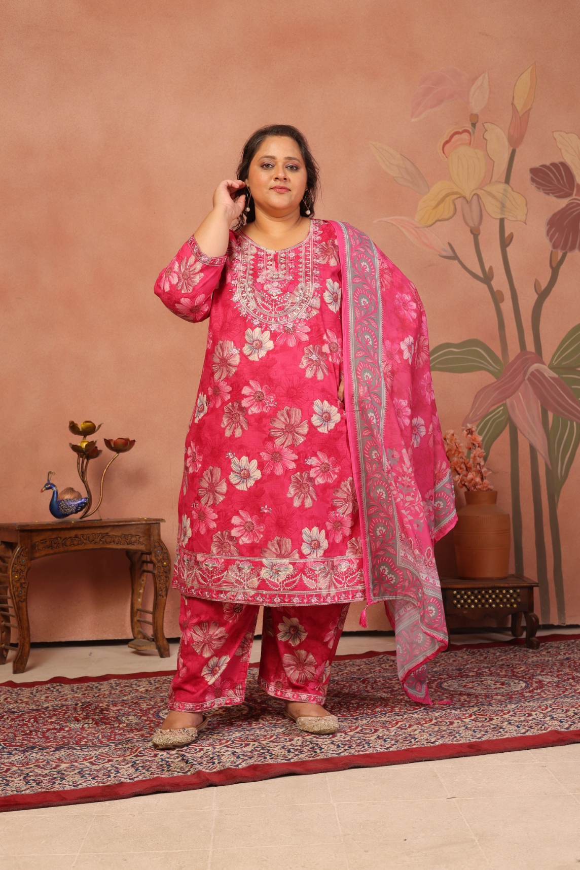 Pink Floral Embroidered Cambric Cotton Straight Suit