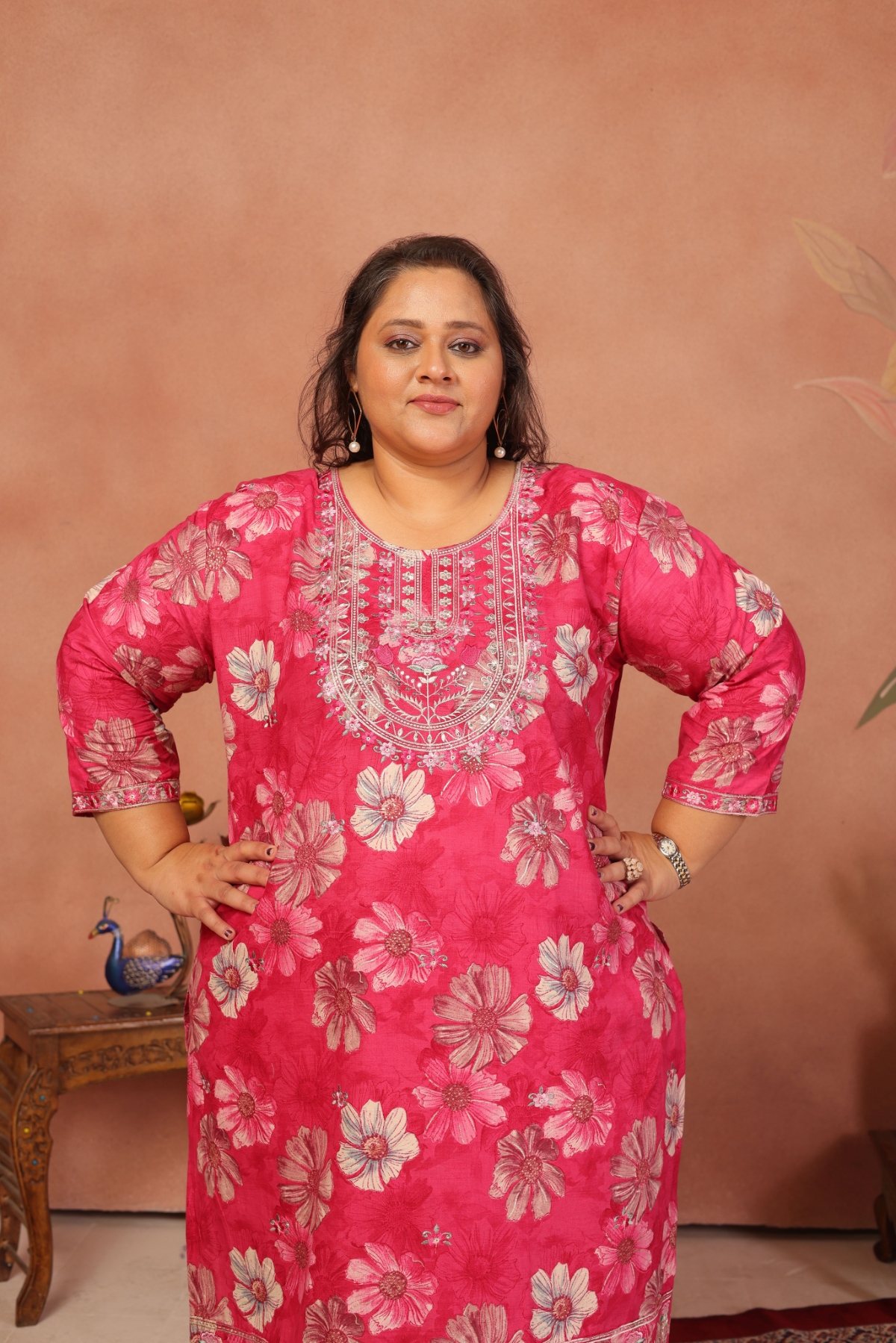 Pink Floral Embroidered Cambric Cotton Straight Suit