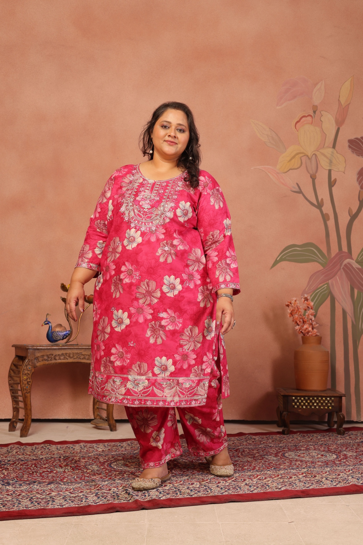 Pink Floral Embroidered Cambric Cotton Straight Suit