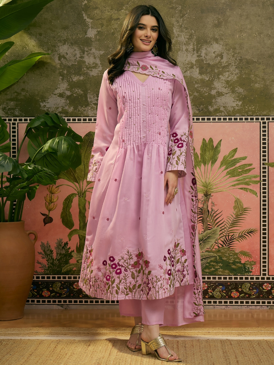 Pink Floral Embroidered Chanderi Silk Anarkali Suit