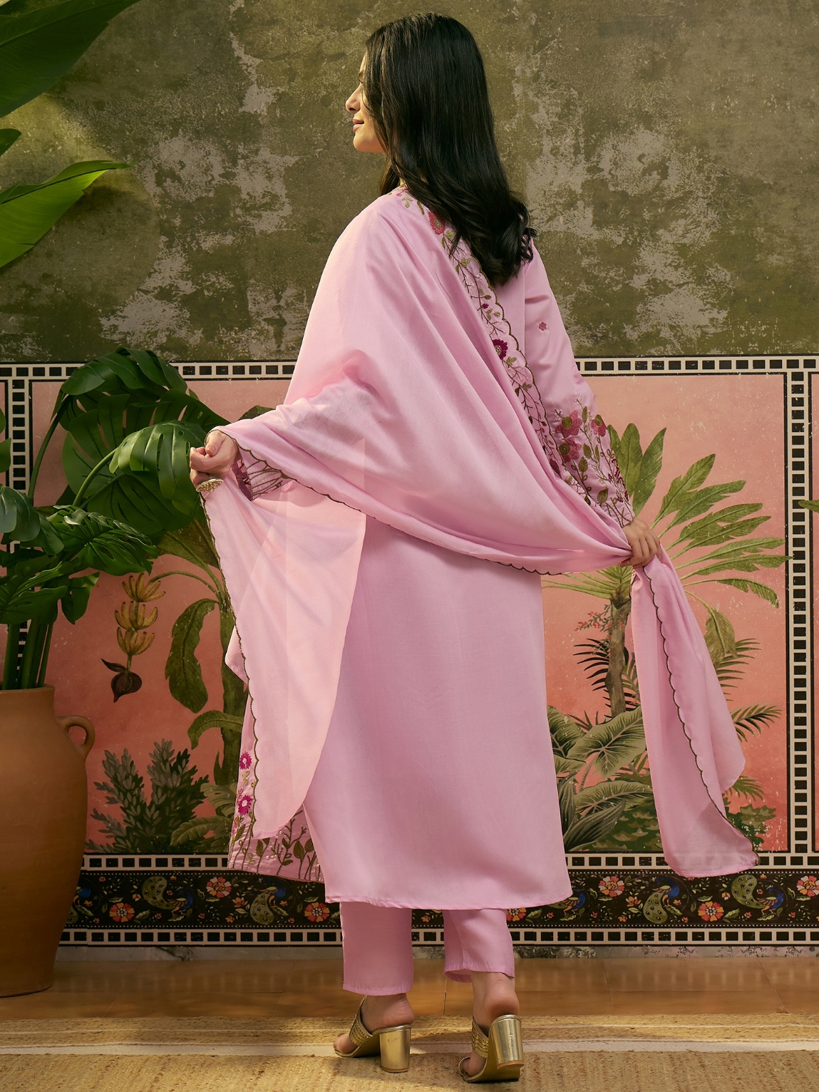 Pink Floral Embroidered Chanderi Silk Anarkali Suit — alternate view
