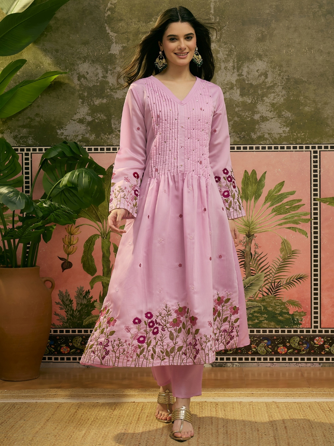 Pink Floral Embroidered Chanderi Silk Anarkali Suit