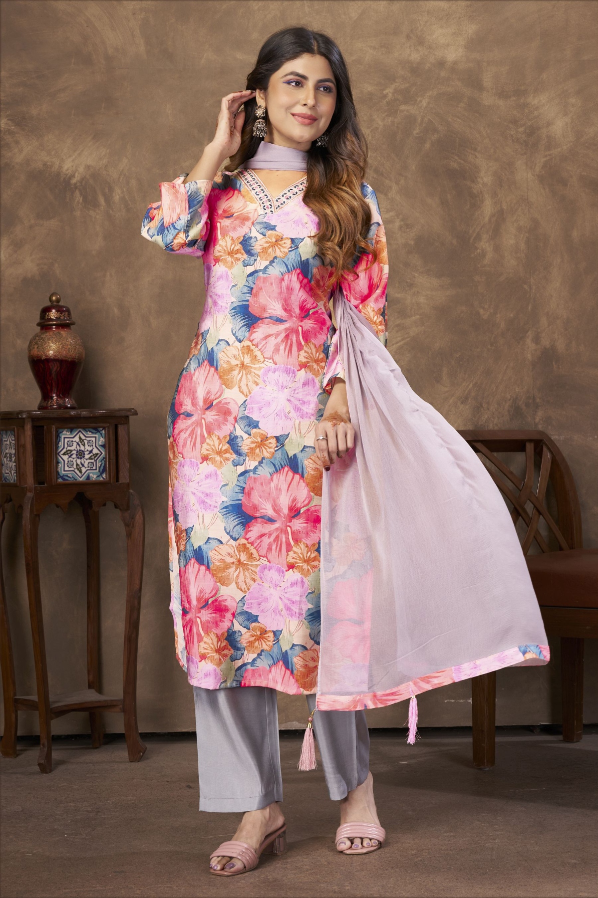 Pink Floral Embroidered Chanderi Straight Suit