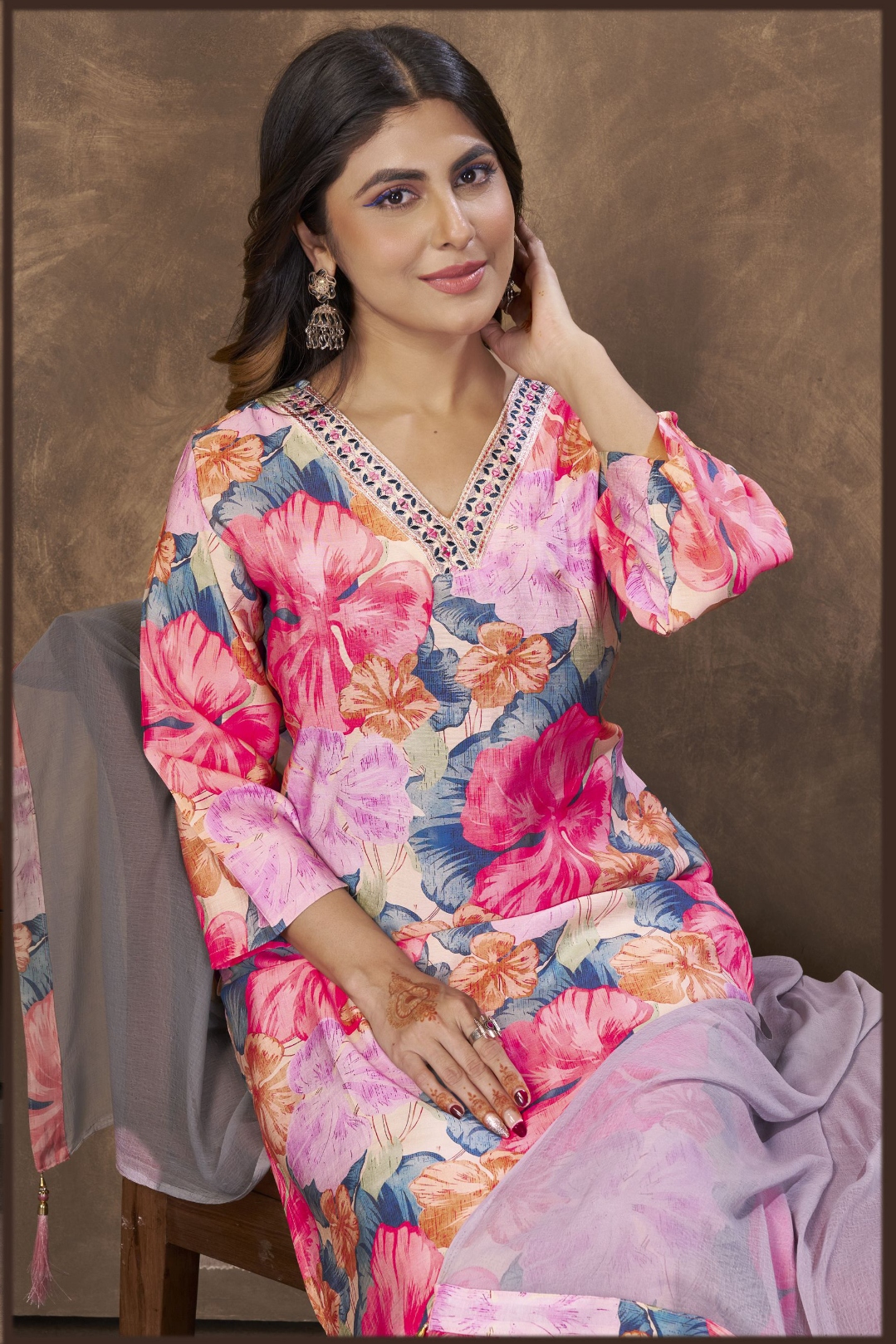 Pink Floral Embroidered Chanderi Straight Suit — alternate view