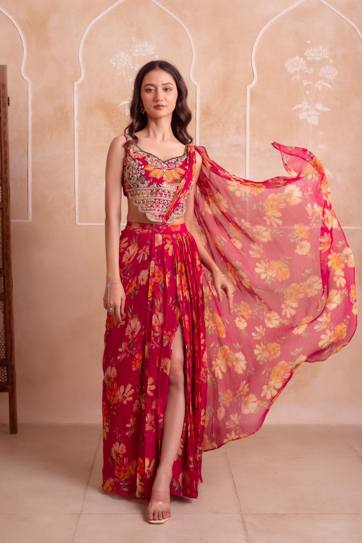 Pink Floral Embroidered Chiffon Lehenga Choli
