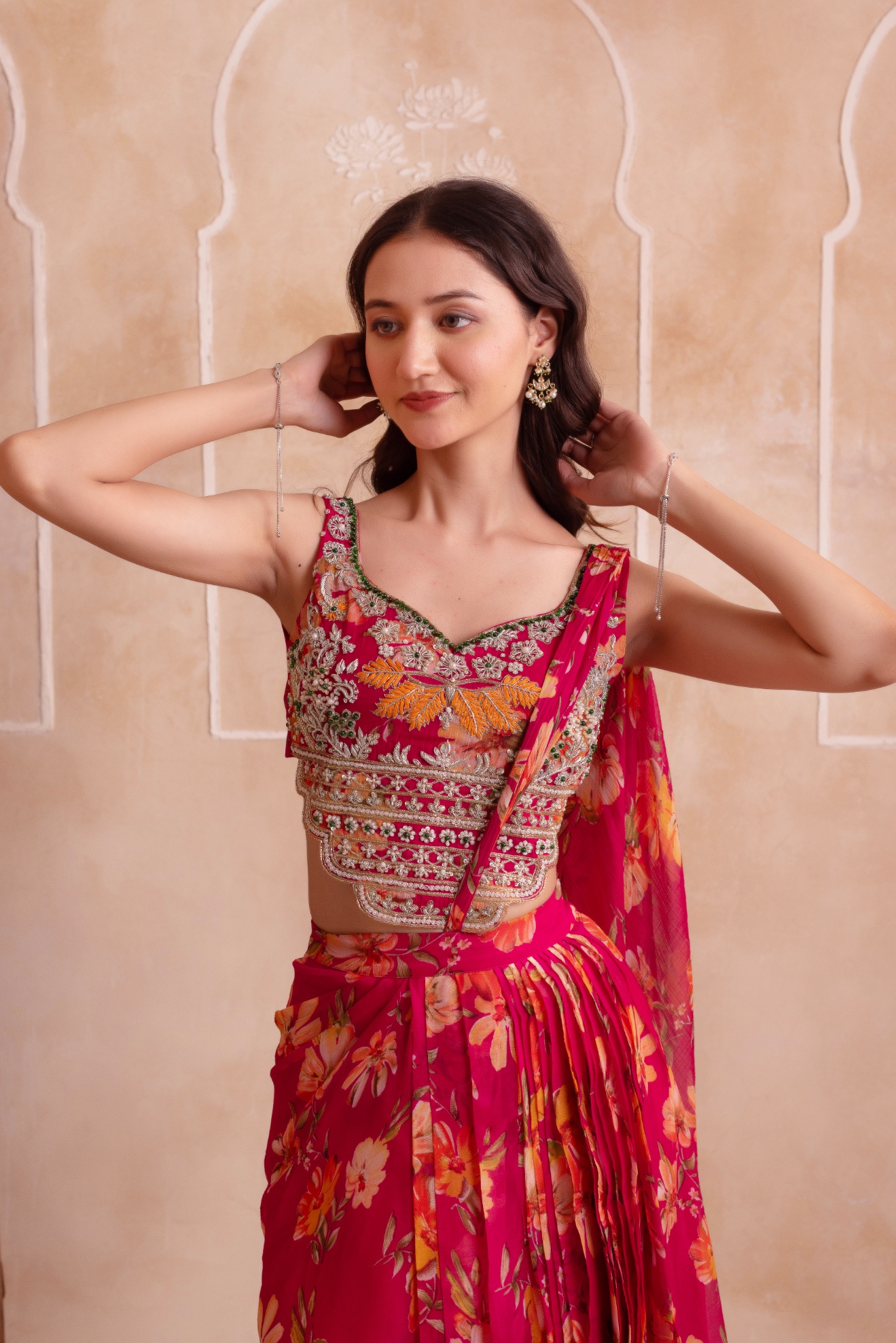 Pink Floral Embroidered Chiffon Lehenga Choli
