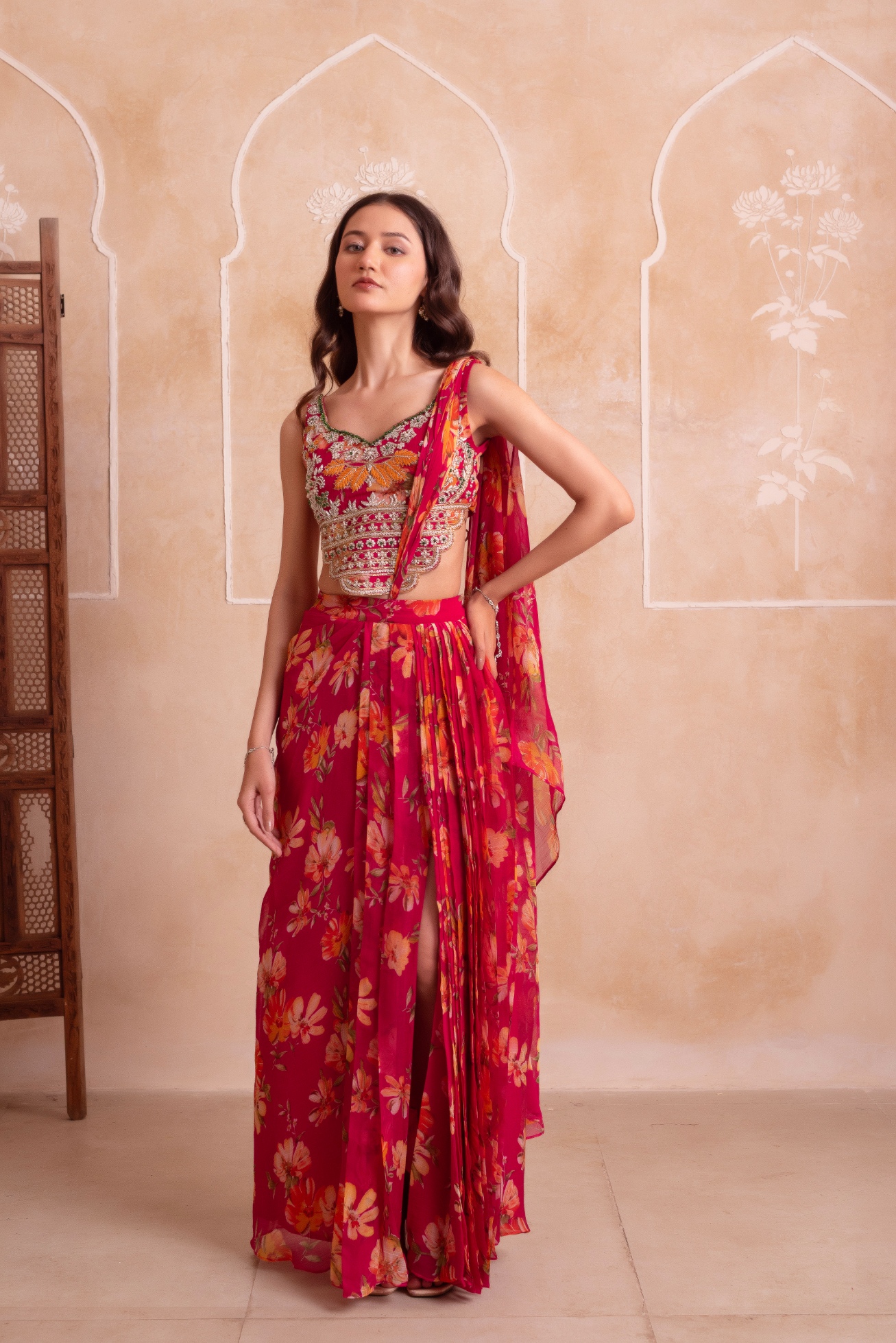 Pink Floral Embroidered Chiffon Lehenga Choli