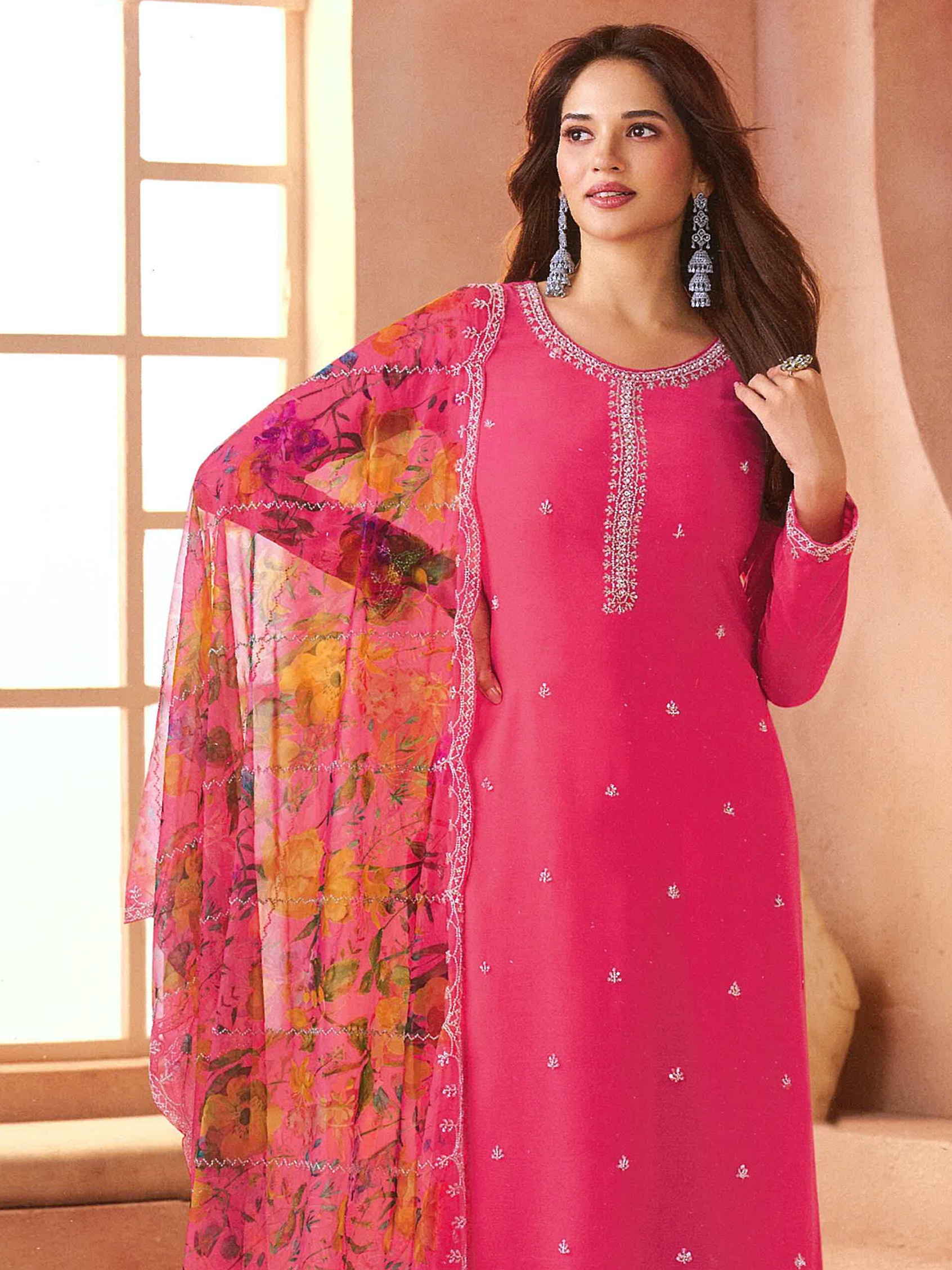 Pink Floral Embroidered Chiffon Salwar Suit — alternate view