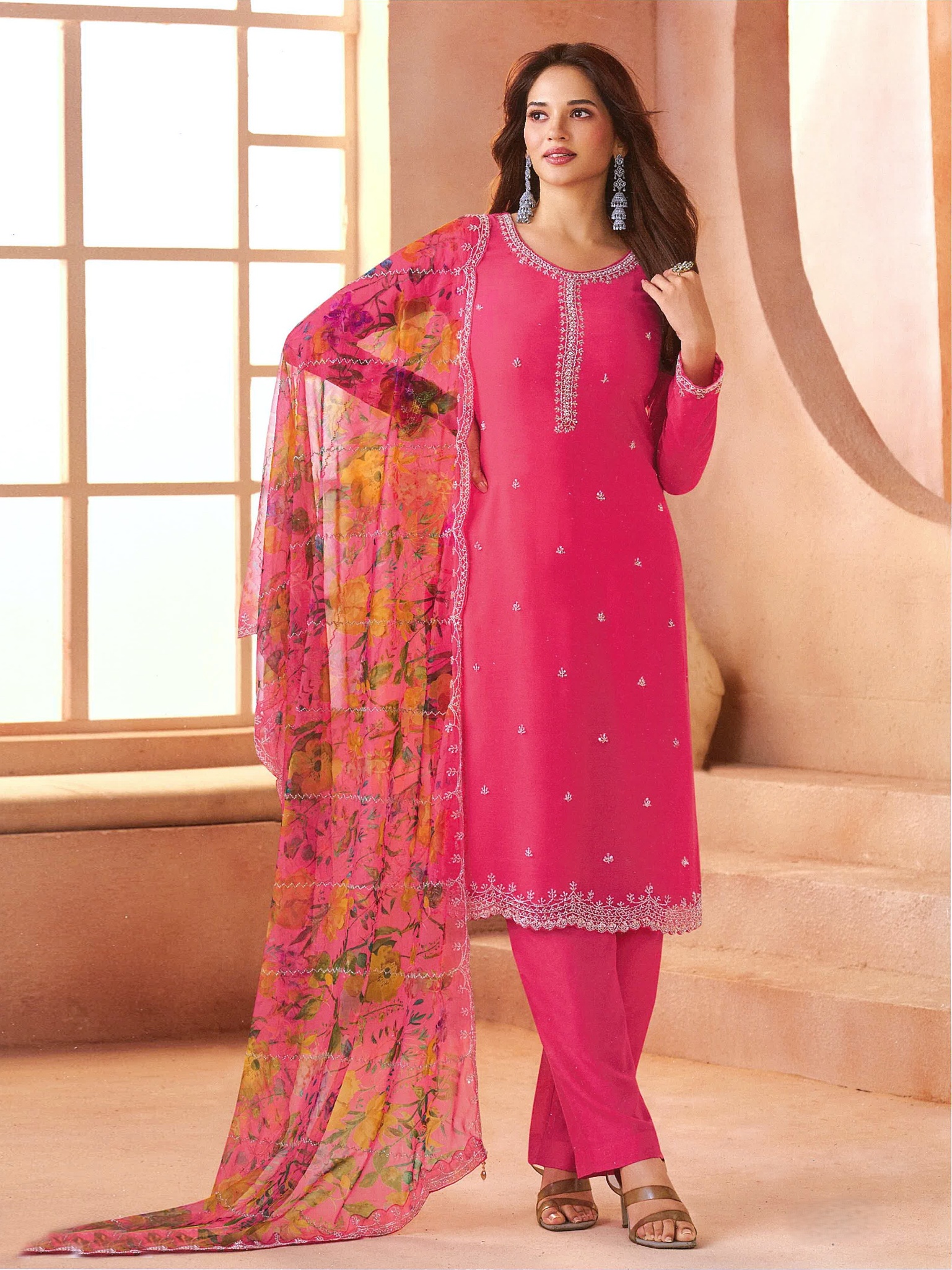 Pink Floral Embroidered Chiffon Salwar Suit