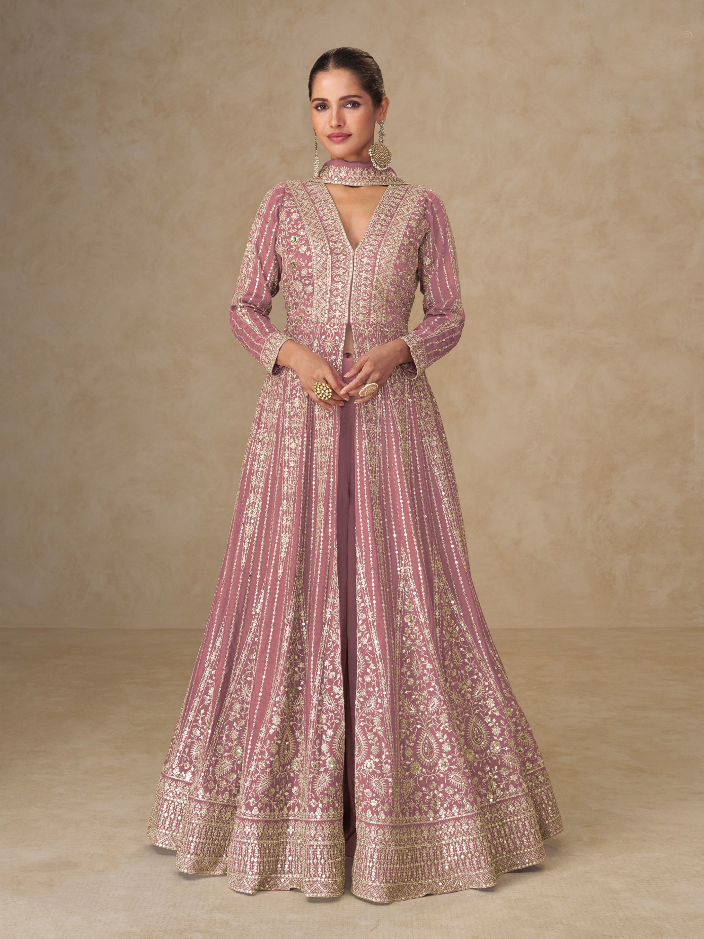 Pink Floral Embroidered Chinon Anarkali Suit