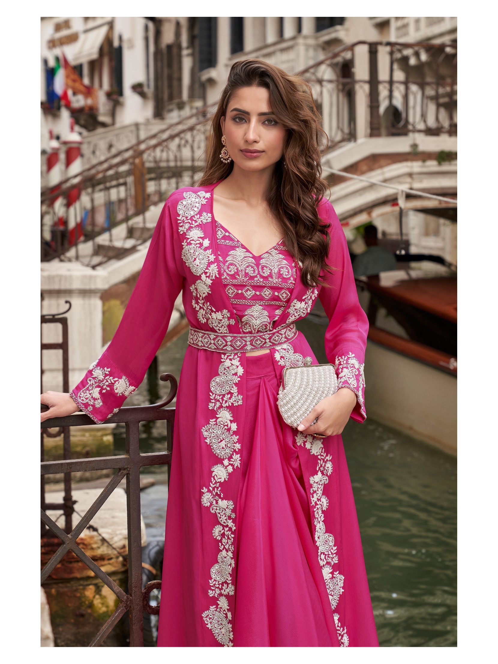 Pink Floral Embroidered Chinon Indo Western Set — alternate view
