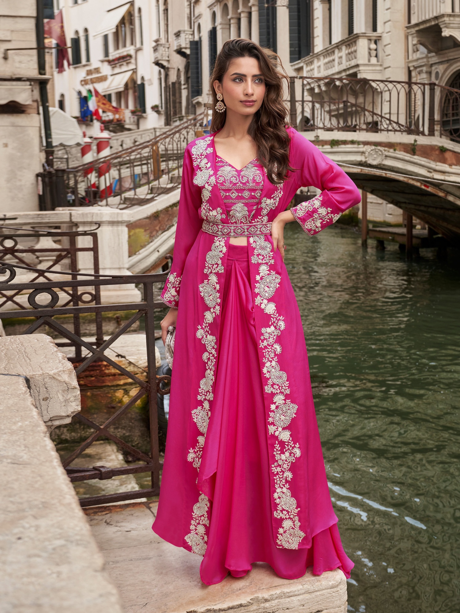 Pink Floral Embroidered Chinon Indo Western Set