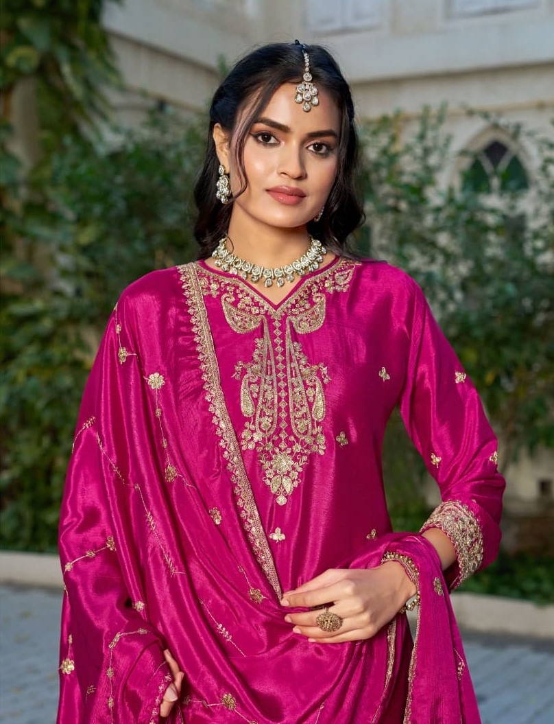 Pink Floral Embroidered Chinon Palazzo Suit — alternate view