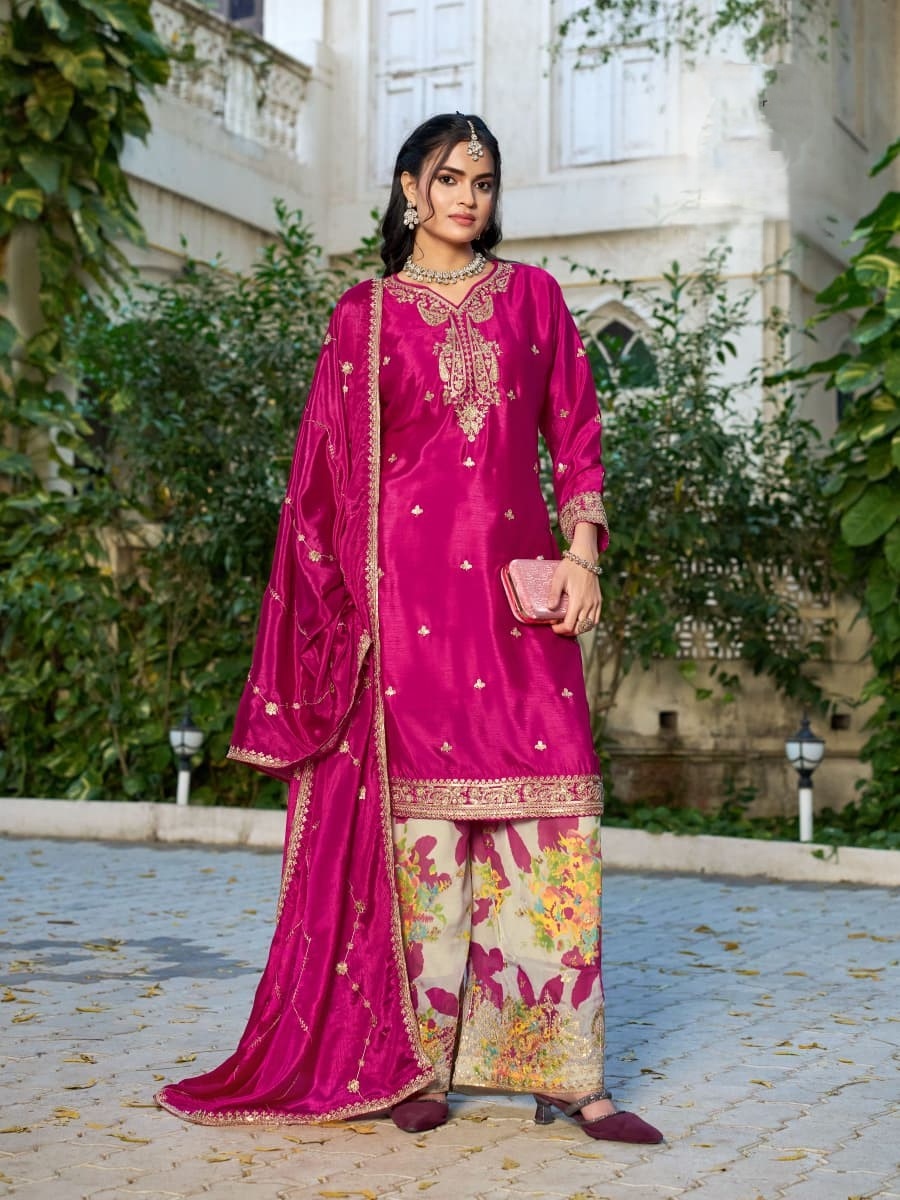 Pink Floral Embroidered Chinon Palazzo Suit
