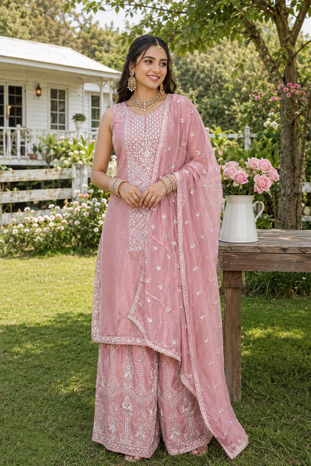 Pink Floral Embroidered Chinon Palazzo Suit