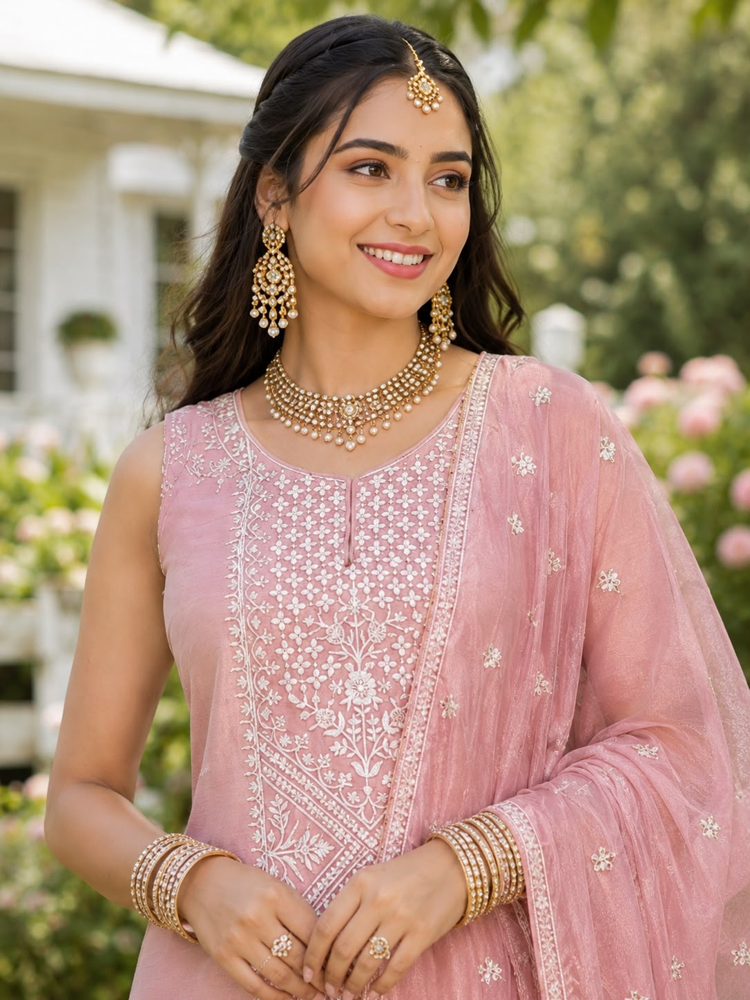 Pink Floral Embroidered Chinon Palazzo Suit