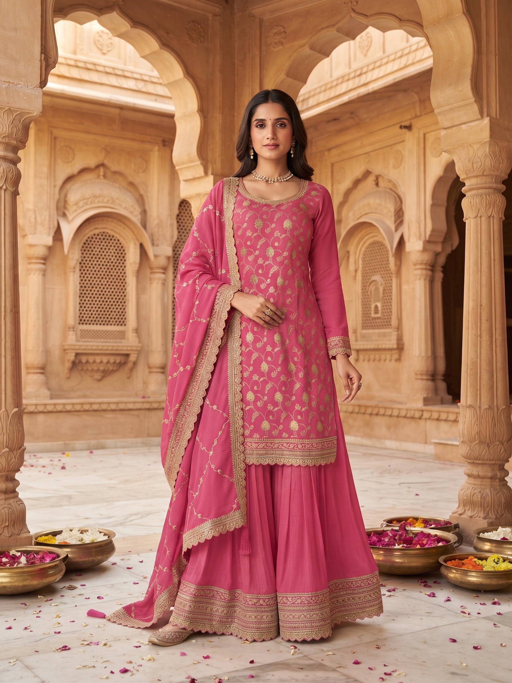 Pink Floral Embroidered Chinon Palazzo Suit