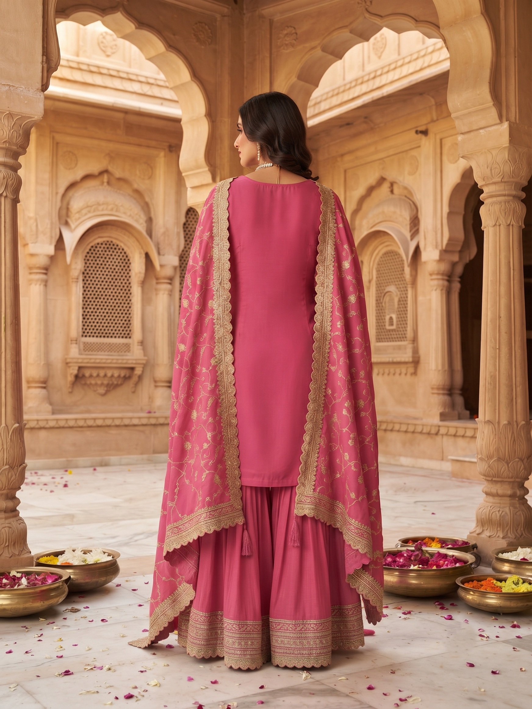 Pink Floral Embroidered Chinon Palazzo Suit — alternate view