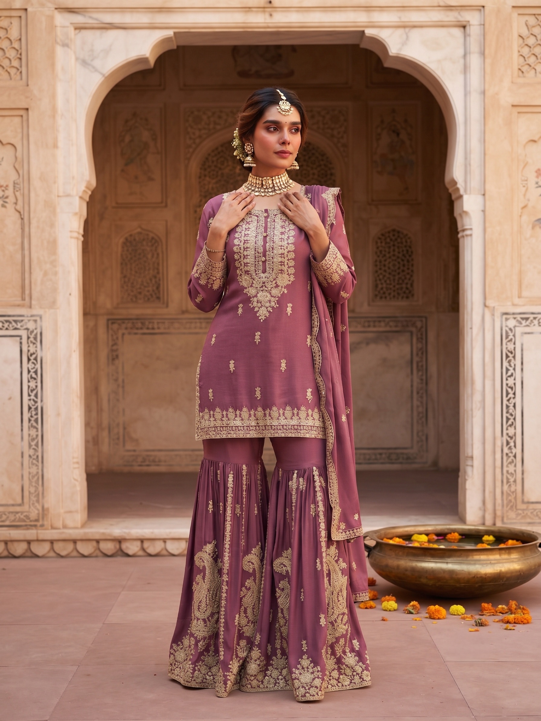 Pink Floral Embroidered Chinon Sharara Suit