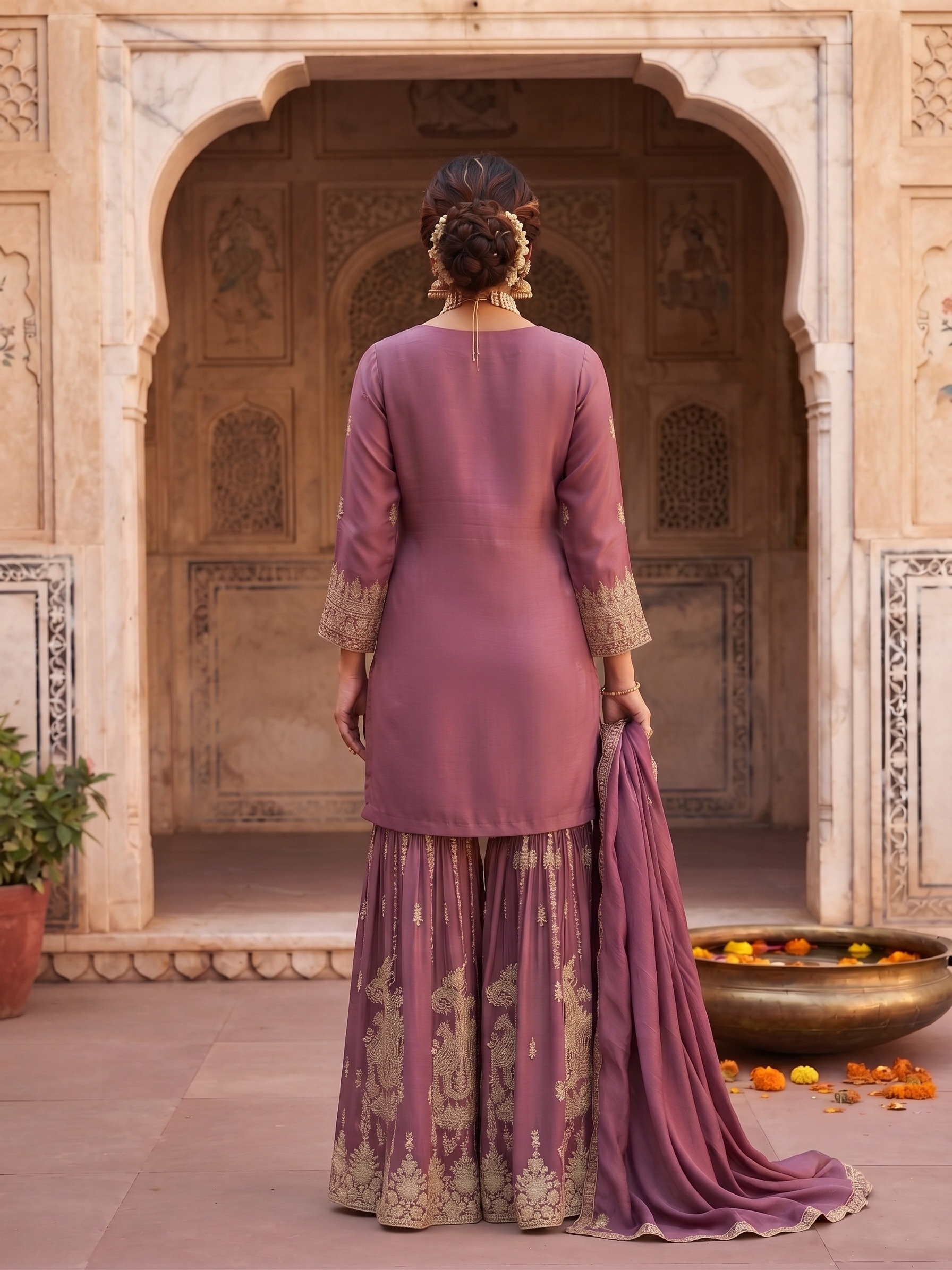 Pink Floral Embroidered Chinon Sharara Suit — alternate view