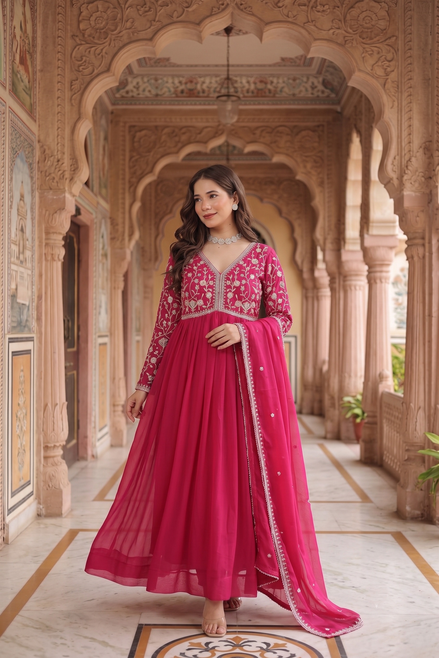 Pink Floral Embroidered Georgette Anarkali Suit