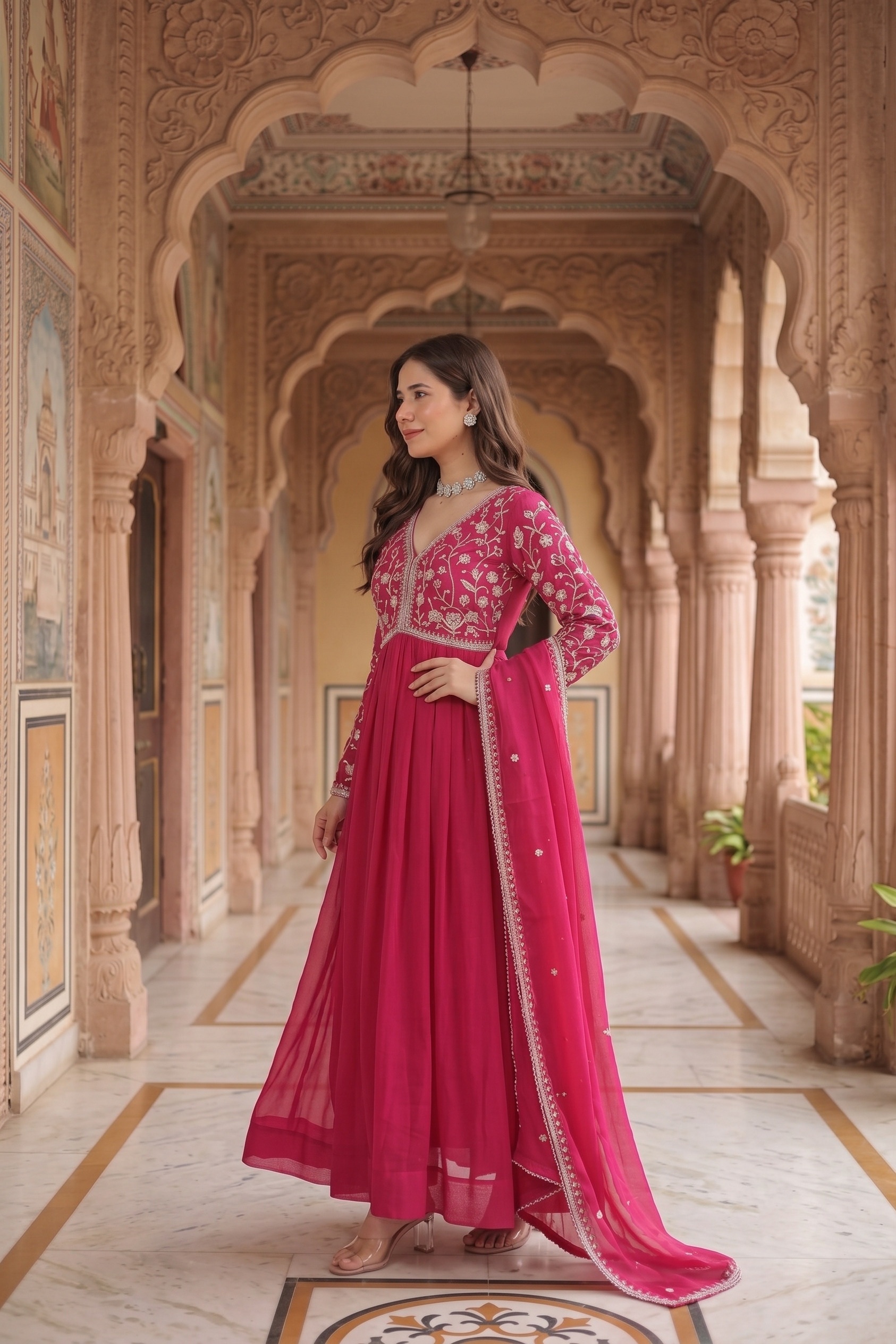 Pink Floral Embroidered Georgette Anarkali Suit