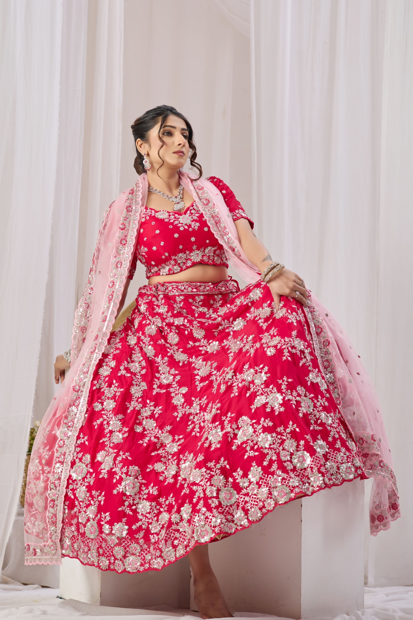 Pink Floral Embroidered Georgette Lehenga Choli