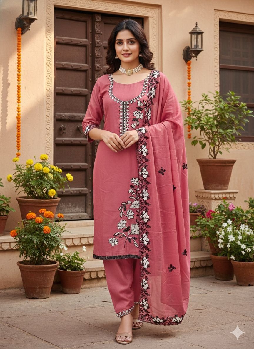 Pink Floral Embroidered Georgette Salwar Suit