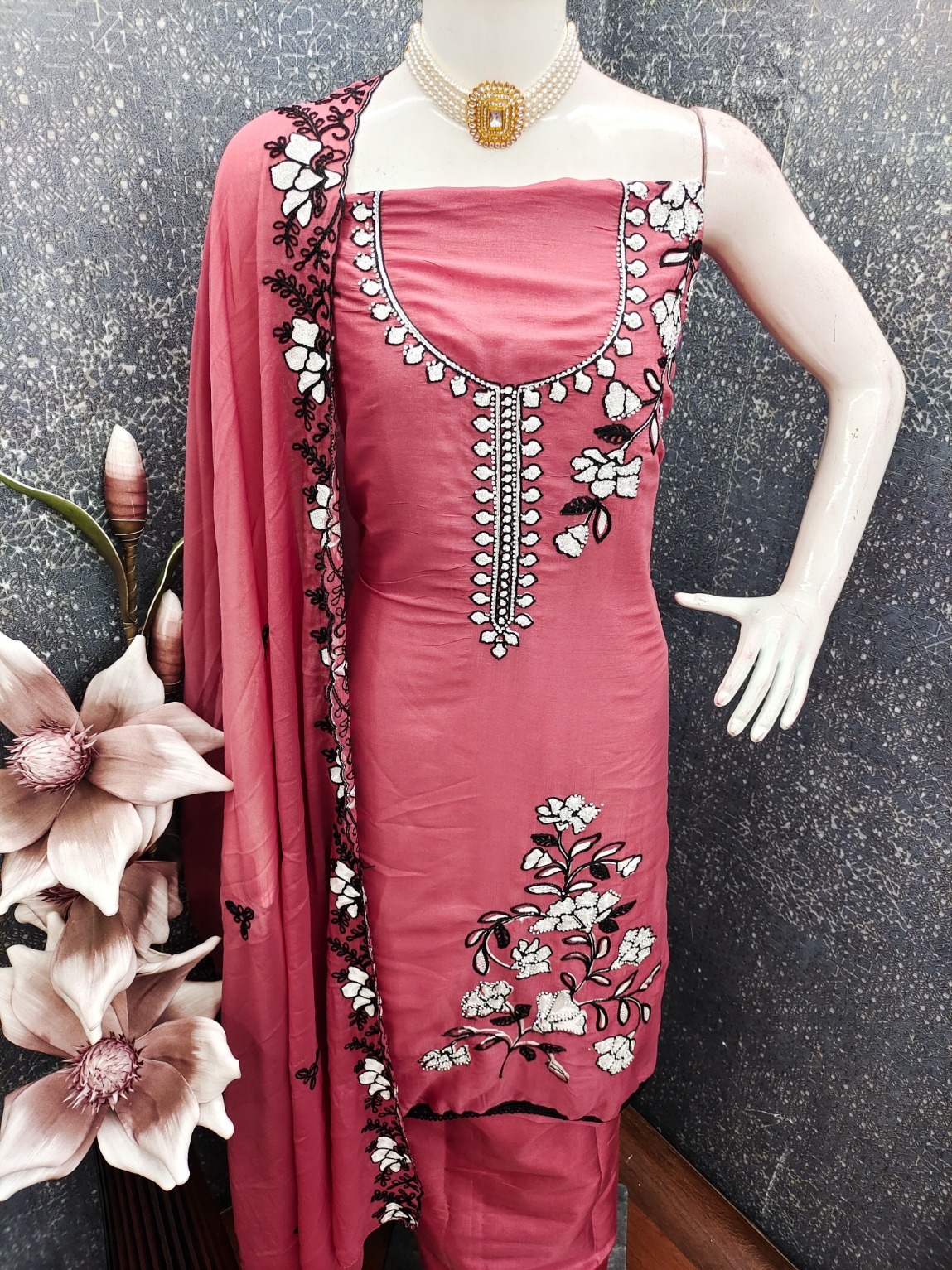 Pink Floral Embroidered Georgette Salwar Suit