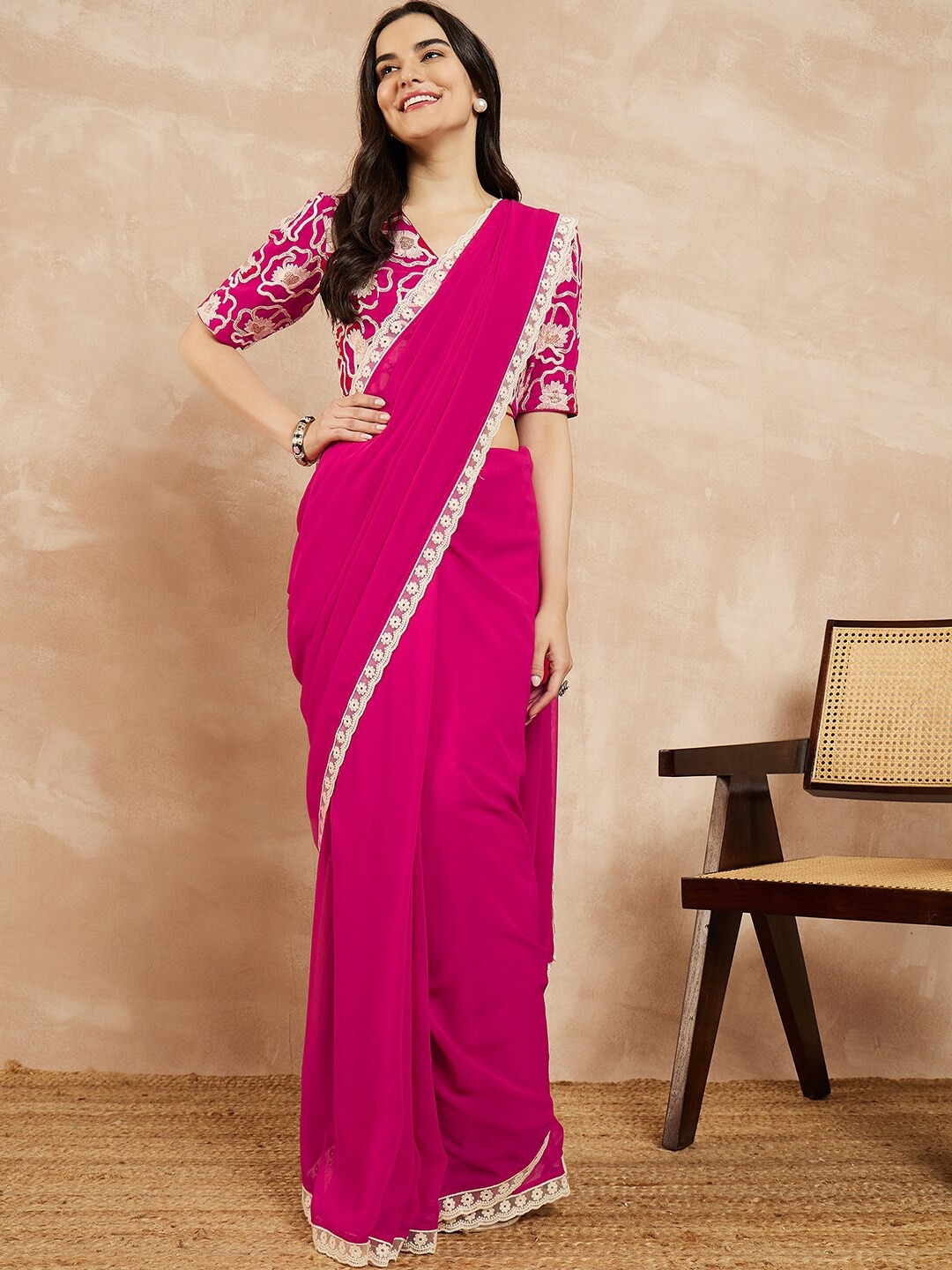 Pink Floral Embroidered Georgette Saree