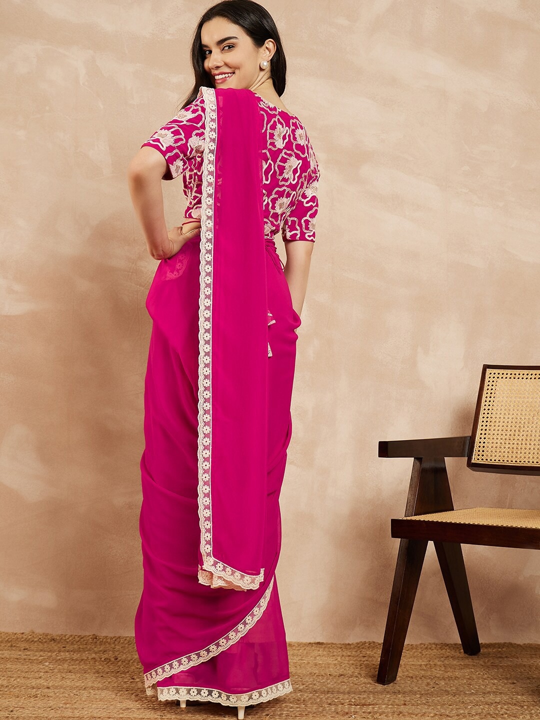 Pink Floral Embroidered Georgette Saree — alternate view