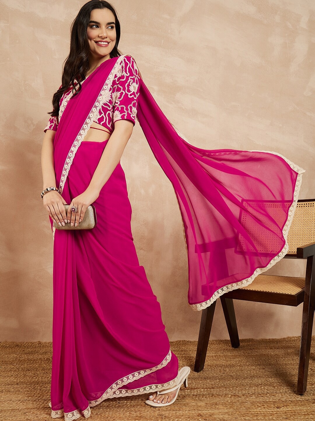 Pink Floral Embroidered Georgette Saree