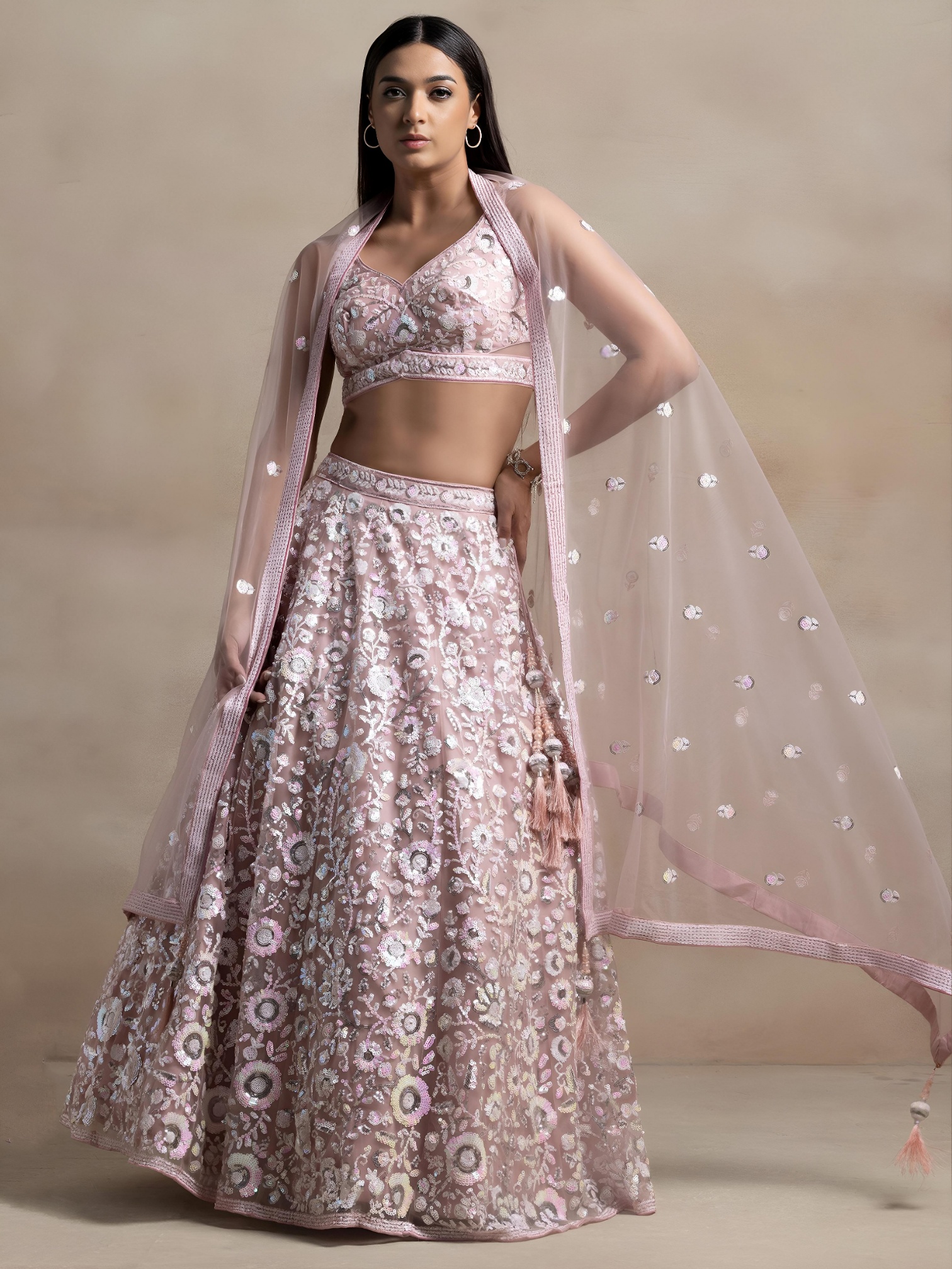 Pink Floral Embroidered Net Lehenga Choli