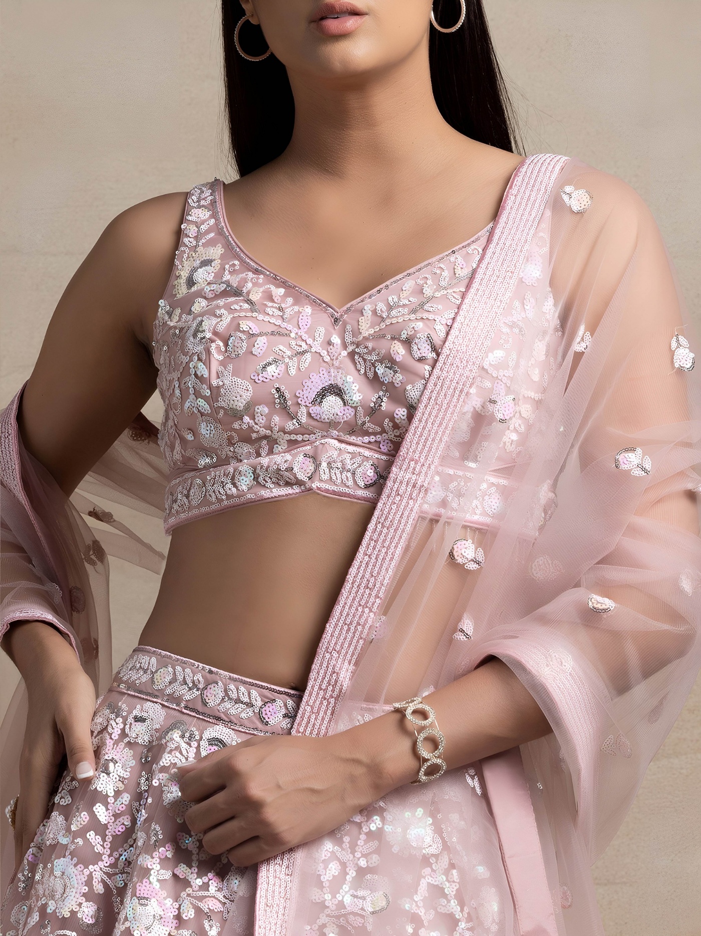Pink Floral Embroidered Net Lehenga Choli