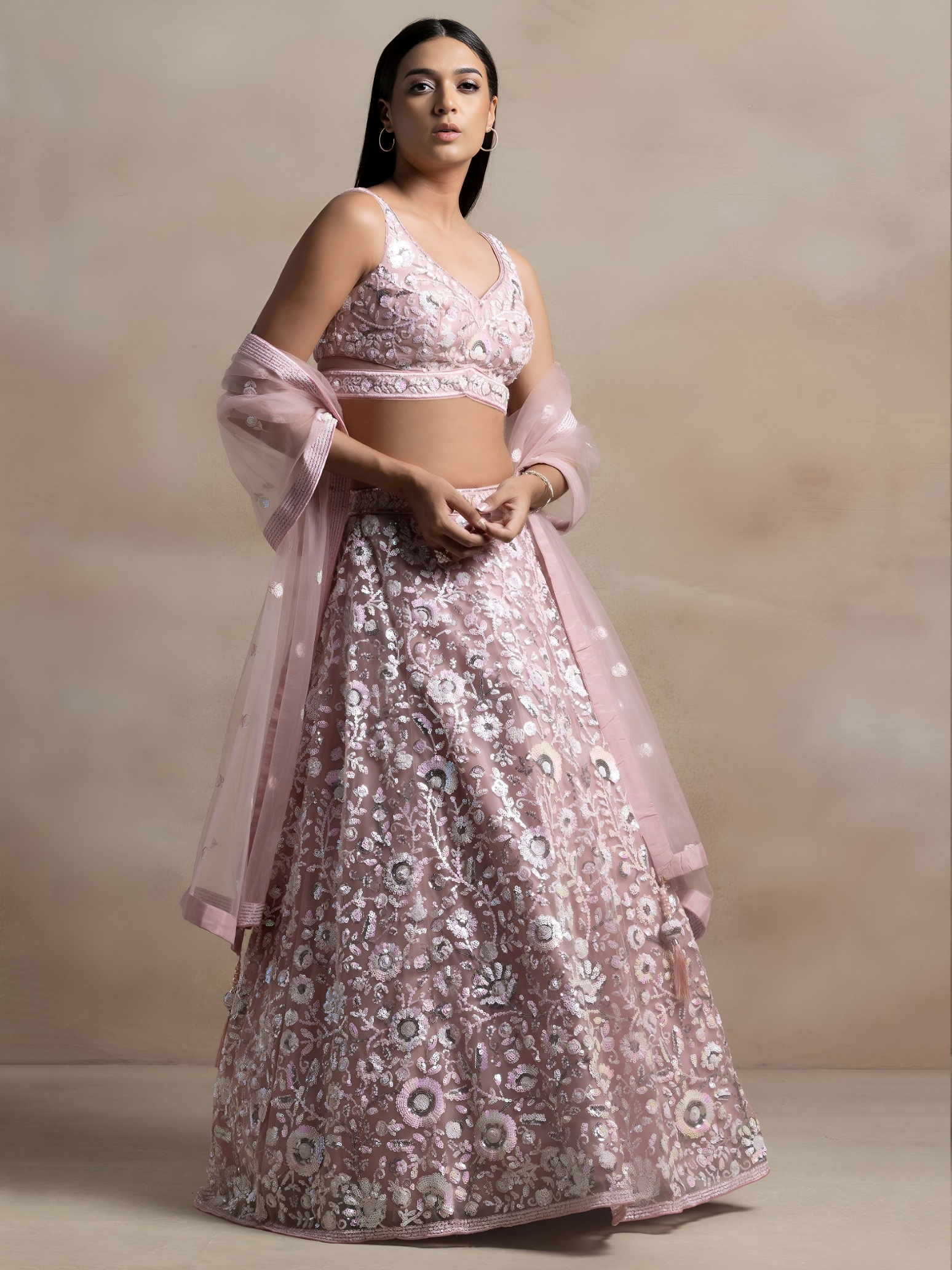 Pink Floral Embroidered Net Lehenga Choli