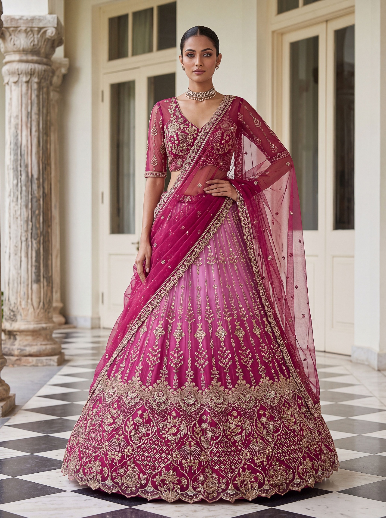 Pink Floral Embroidered Net Lehenga Choli