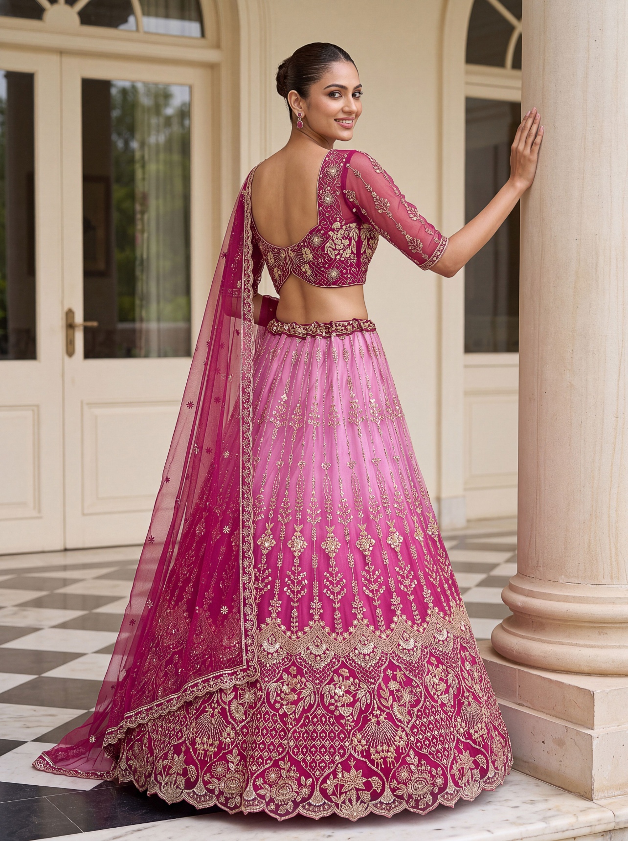 Pink Floral Embroidered Net Lehenga Choli — alternate view