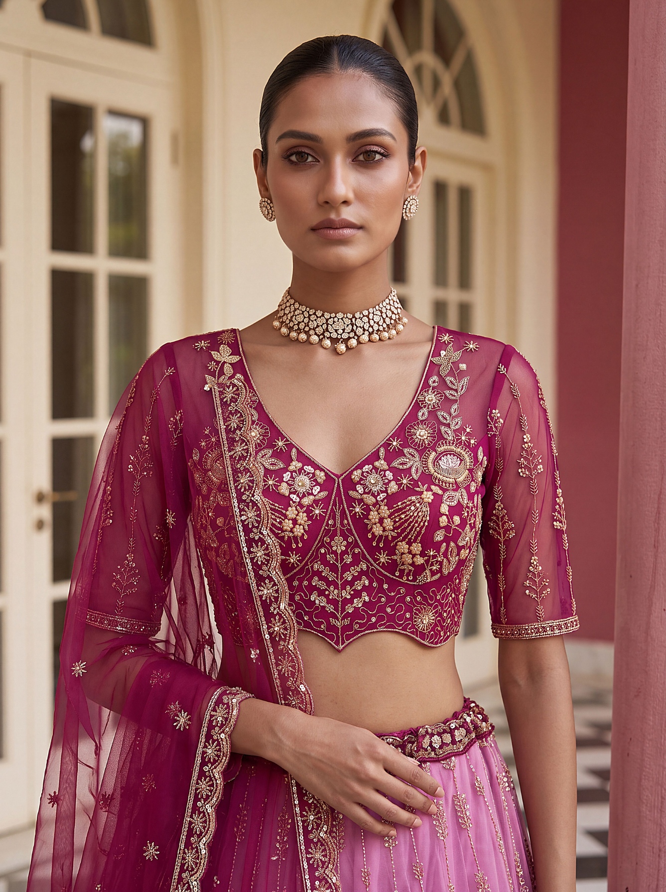 Pink Floral Embroidered Net Lehenga Choli