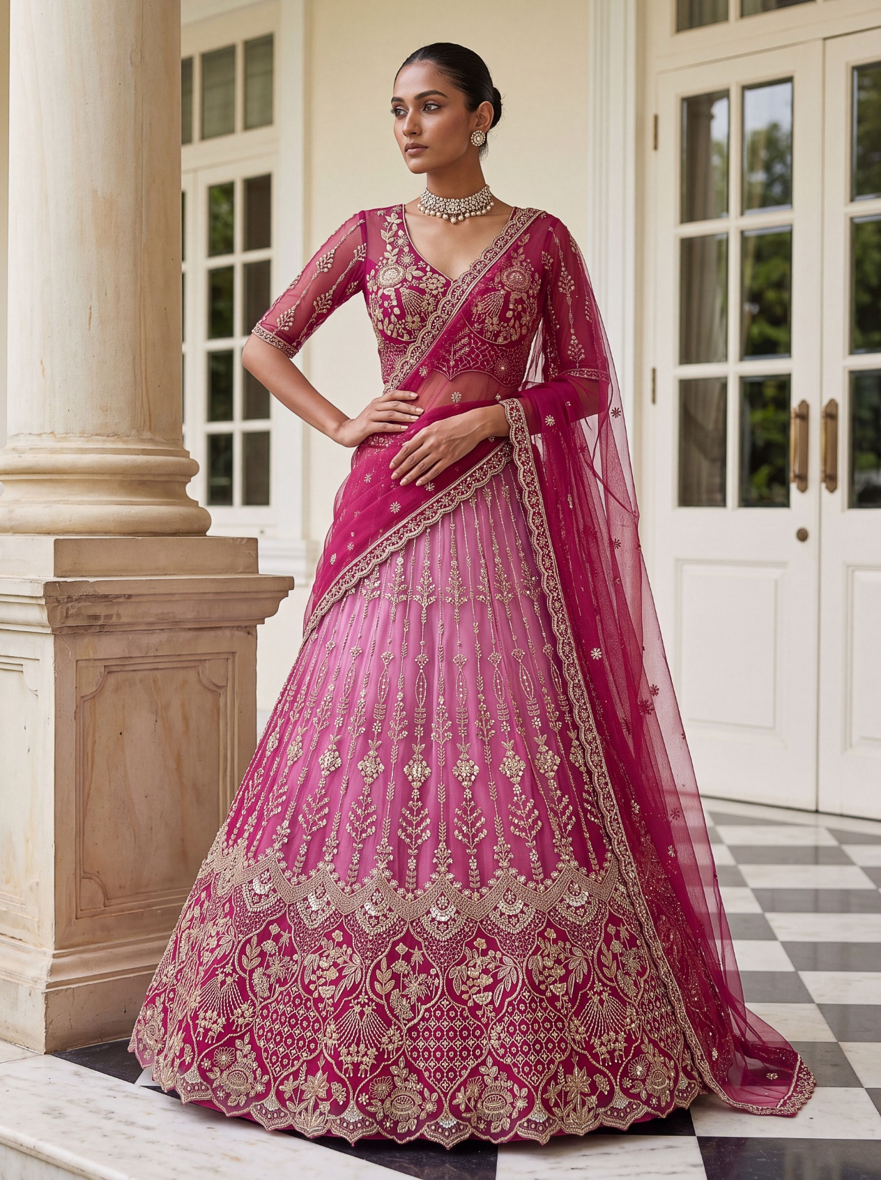 Pink Floral Embroidered Net Lehenga Choli
