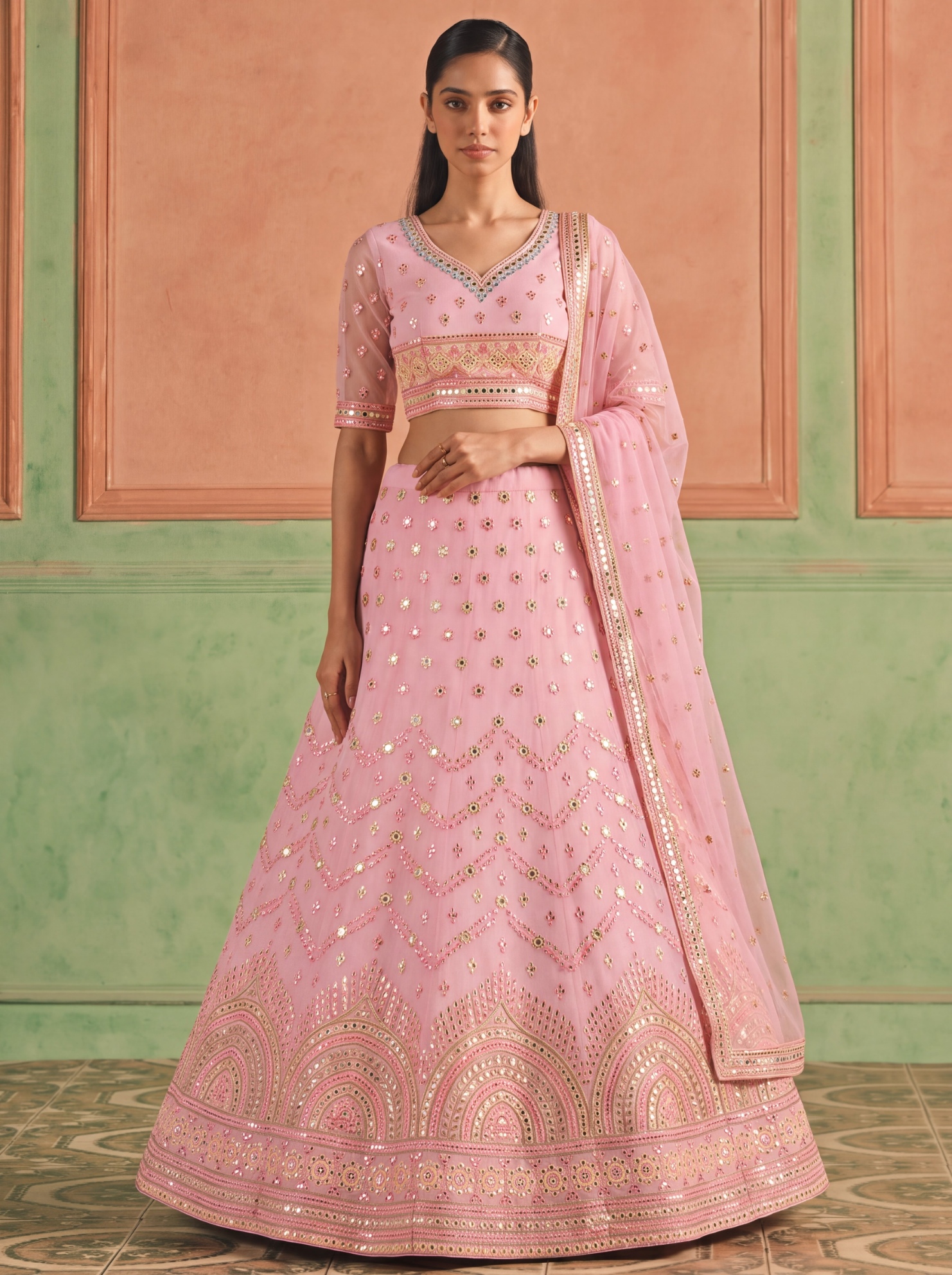 Pink Floral Embroidered Organza Lehenga Choli